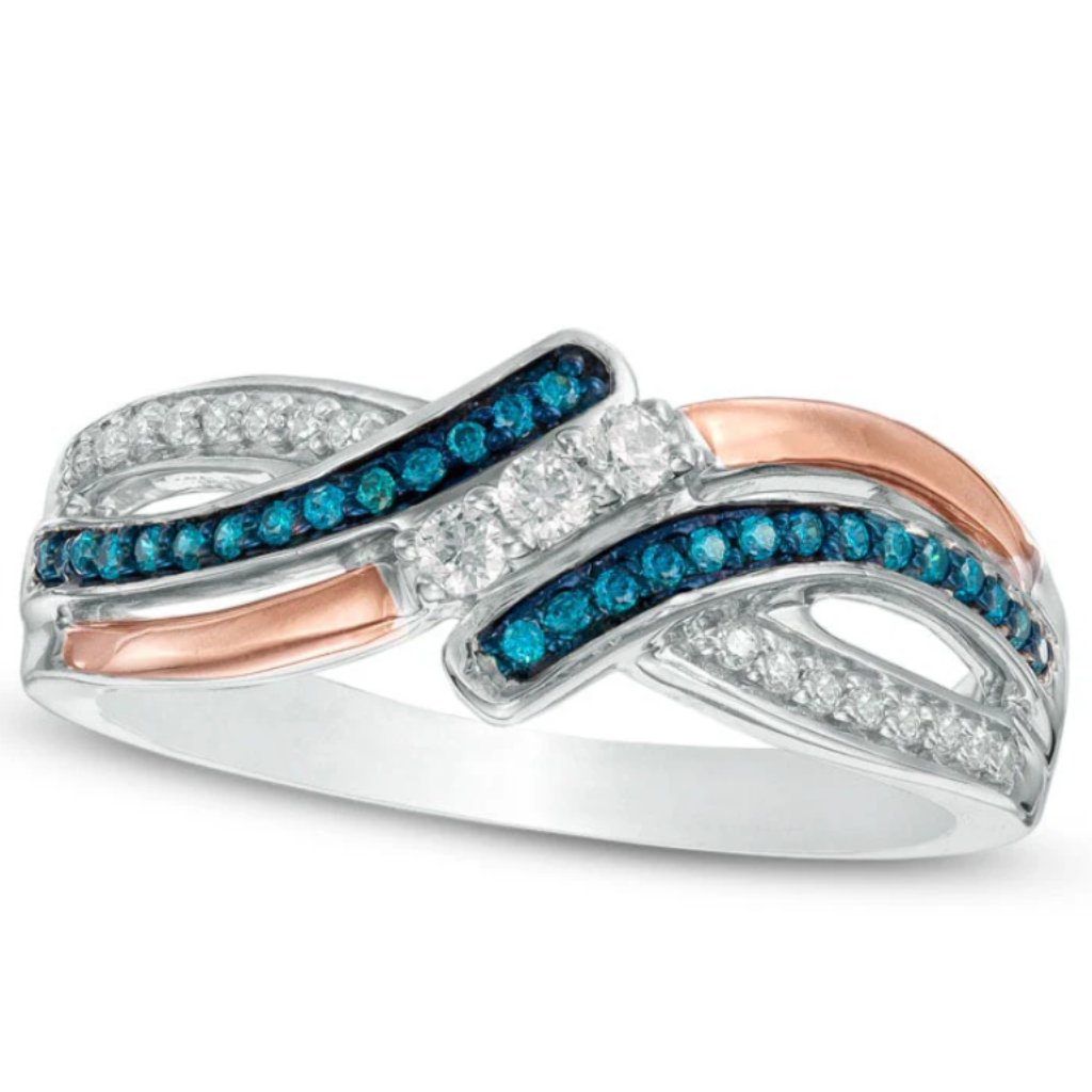 Diamond Three Stone Bypass Ring 10k Rose Gold & Sterling Silver - Size 7